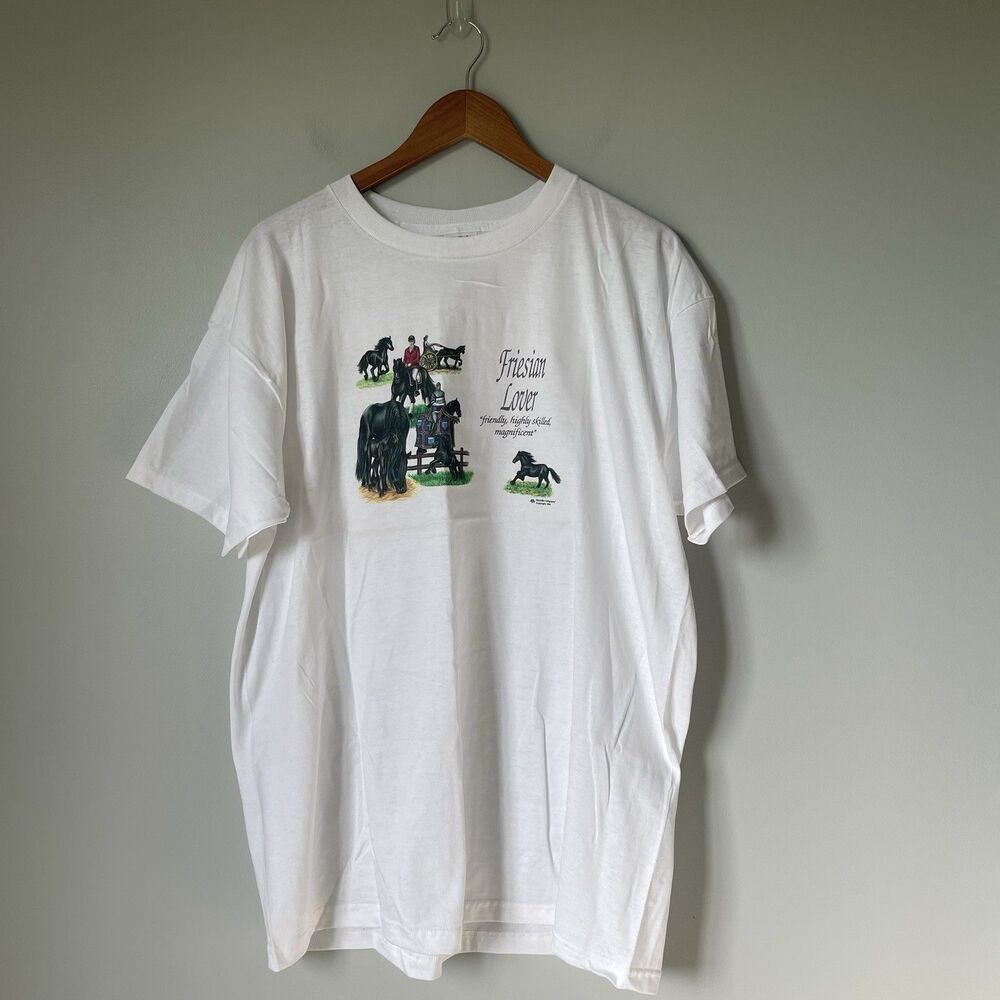 Fruit of the Loom Vintage 1998 T-Shirt 'Friesian Love' Horse White Unisex XL
